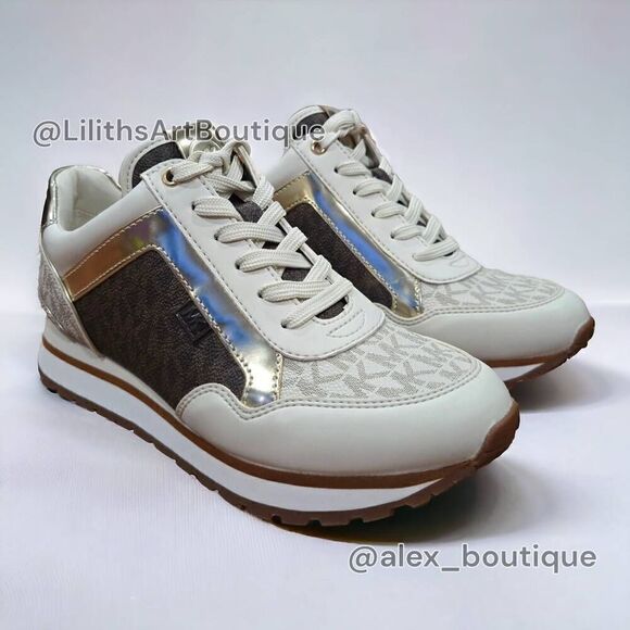 Michael Kors Maddy Vanilla/ Brown Two-Tone Logo Trainer Women's Sneakers 5.5 - Picture 3 of 13